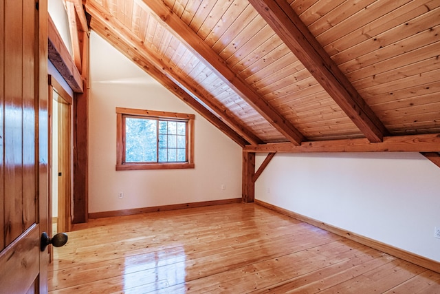 additional living space with vaulted ceiling with beams, wooden ceiling, and light hardwood / wood-style flooring