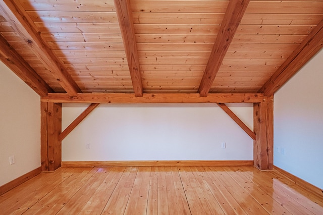 additional living space featuring beam ceiling, light hardwood / wood-style floors, and wood ceiling