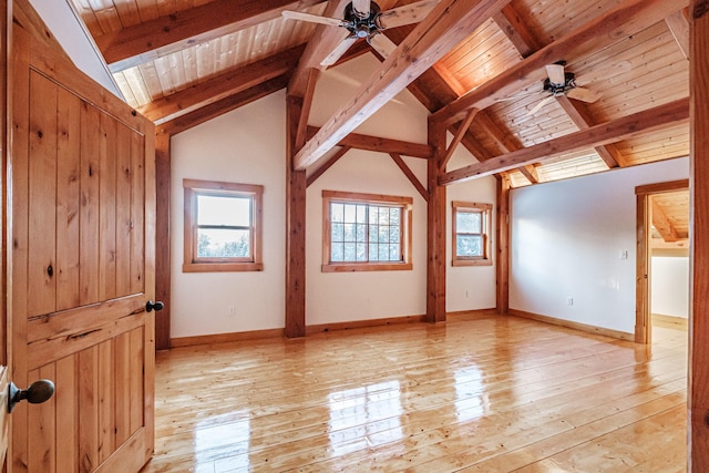 bonus room with ceiling fan, beam ceiling, wood ceiling, and light hardwood / wood-style flooring