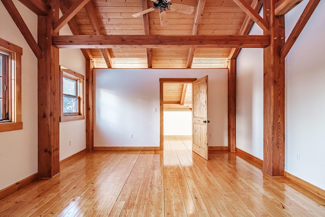 unfurnished room with ceiling fan, wood ceiling, and light hardwood / wood-style flooring