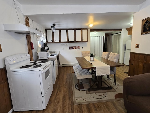 kitchen featuring white appliances, baseboard heating, white cabinets, dark hardwood / wood-style floors, and wood walls