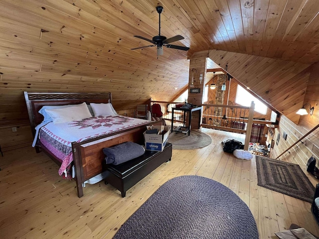 bedroom with wood walls, wood-type flooring, wood ceiling, and vaulted ceiling