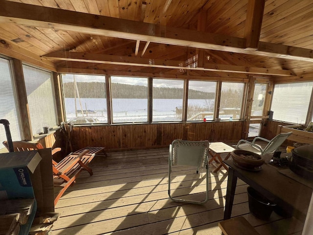 sunroom / solarium featuring vaulted ceiling with beams, a wealth of natural light, and wooden ceiling