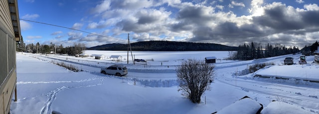 yard layered in snow featuring a mountain view