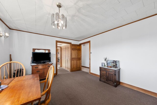 19 Branch Brook Rd, Thomaston, ME 04861 - dining space with a chandelier, carpet floors, and crown molding