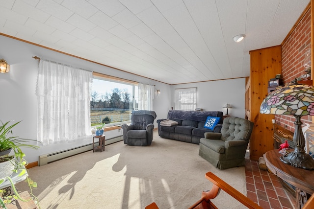 19 Branch Brook Rd, Thomaston, ME 04861 - carpeted living area with baseboard heating and ornamental molding