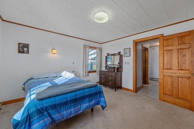 19 Branch Brook Rd, Thomaston, ME 04861 - bedroom with ornamental molding, light carpet, and baseboard heating