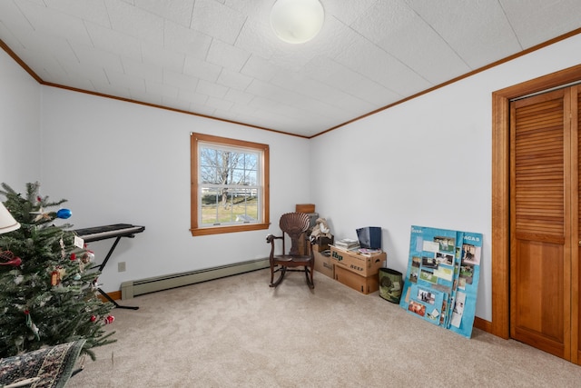 19 Branch Brook Rd, Thomaston, ME 04861 - living area featuring a baseboard radiator, ornamental molding, and carpet