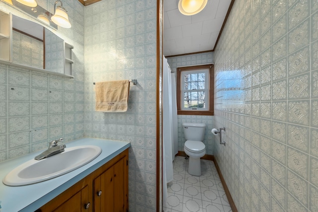 19 Branch Brook Rd, Thomaston, ME 04861 - full bathroom featuring tile walls, vanity, ornamental molding, curtained shower, and tile patterned floors