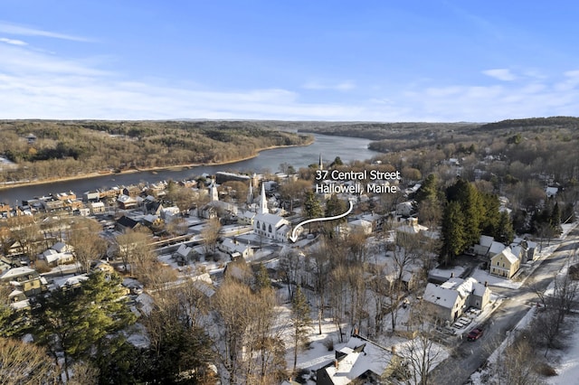 aerial view featuring a water view