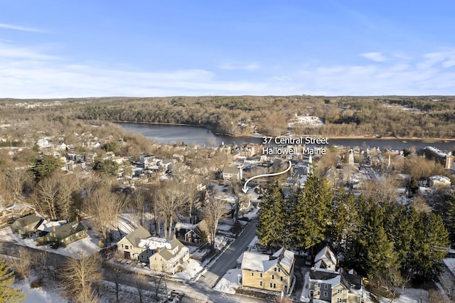 drone / aerial view with a water view