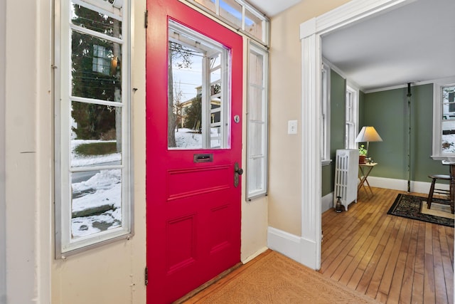 entrance foyer featuring wood-type flooring and radiator