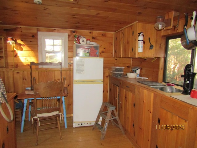 kitchen with sink, wooden ceiling, white refrigerator, light hardwood / wood-style floors, and wooden walls