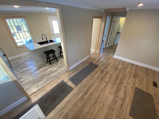 living room featuring light wood-style floors, baseboards, and crown molding