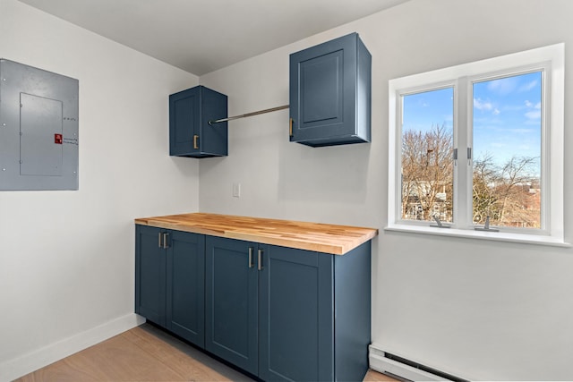 kitchen featuring electric panel, blue cabinets, baseboard heating, and butcher block counters