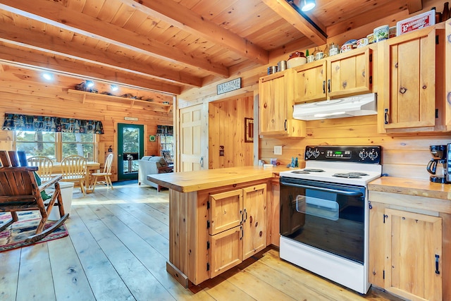 kitchen featuring wooden walls, wooden ceiling, light wood-type flooring, and white electric range