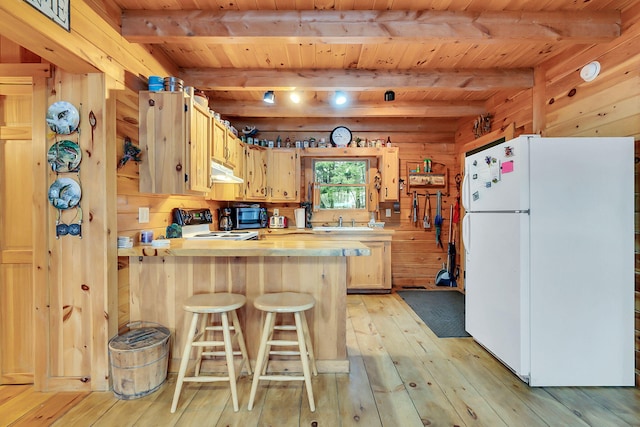 kitchen with white refrigerator, light hardwood / wood-style flooring, wood ceiling, and wood walls