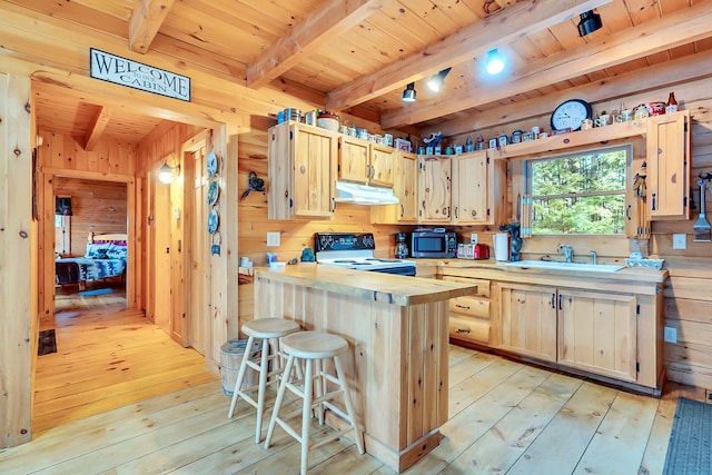 kitchen featuring electric range, wood walls, light wood-type flooring, and butcher block counters