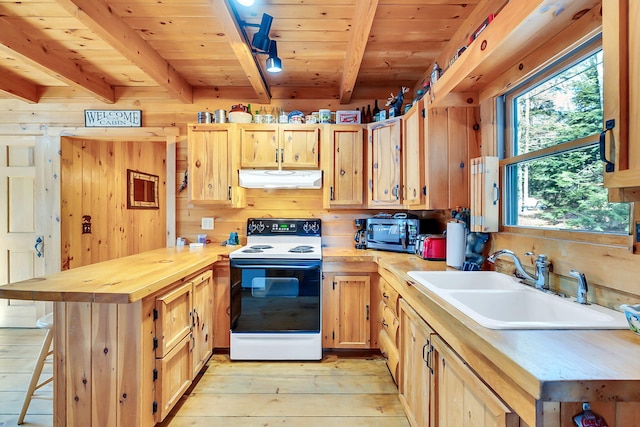 kitchen with wood counters, sink, beamed ceiling, white electric range, and wood walls