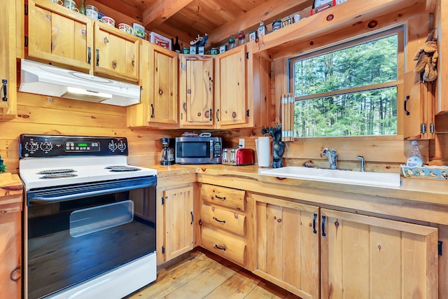 kitchen featuring light wood-type flooring, white electric range oven, sink, beamed ceiling, and wood walls