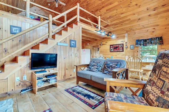 living room featuring wooden walls, ceiling fan, wooden ceiling, and hardwood / wood-style flooring