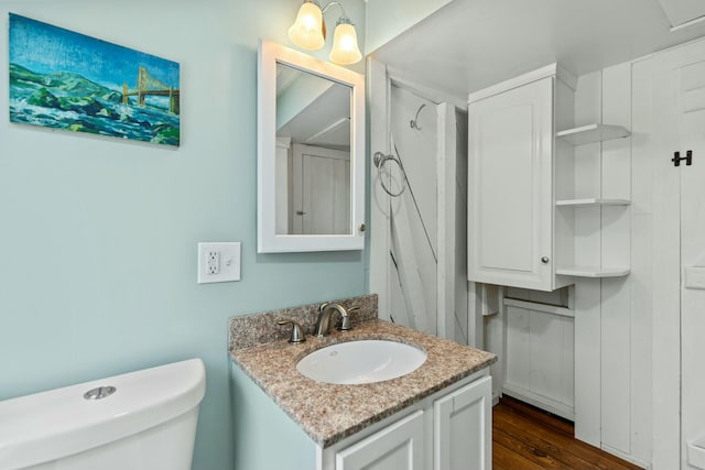 bathroom featuring vanity, toilet, and wood-type flooring