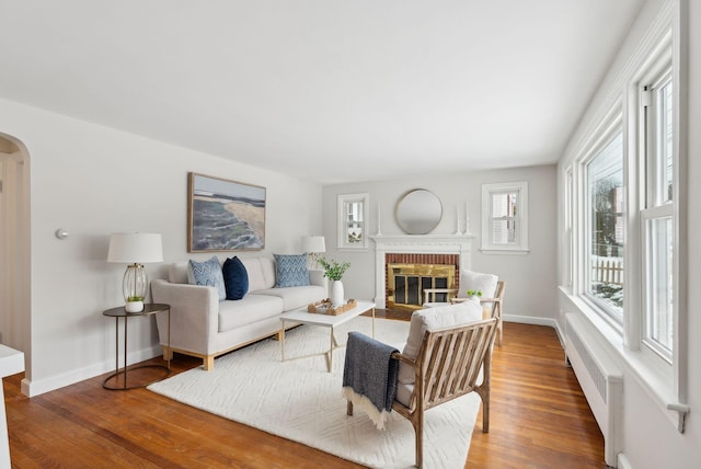 living room with radiator heating unit, wood-type flooring, and a fireplace