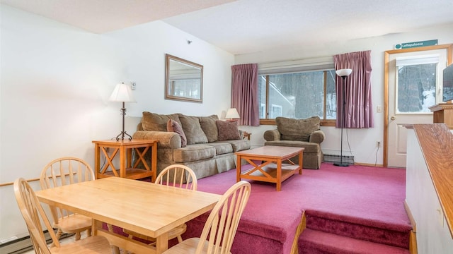 carpeted living room with a wealth of natural light and a baseboard radiator