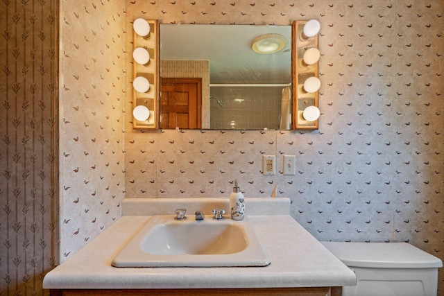 52 Chenery St, Portland, ME 04103 - full bathroom with wallpapered walls, vanity, and a shower with shower curtain