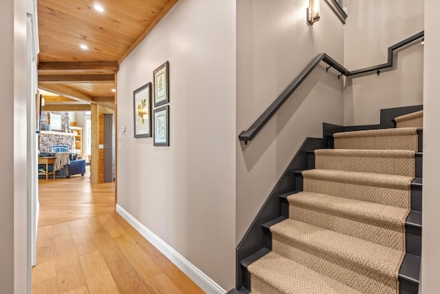 18 Sheehans Island Rd, Raymond, ME 04071 - stairway with recessed lighting, wooden ceiling, hardwood / wood-style flooring, baseboards, and beamed ceiling