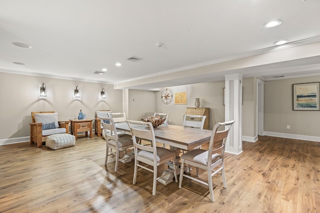 18 Sheehans Island Rd, Raymond, ME 04071 - dining room featuring ornamental molding, recessed lighting, light wood-style floors, and baseboards