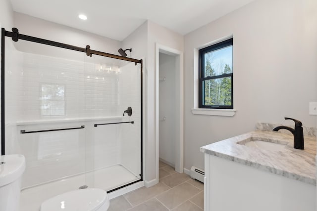 17 Ward Rd, Sebago, ME 04029 - full bathroom with toilet, a baseboard radiator, tile patterned flooring, and a stall shower