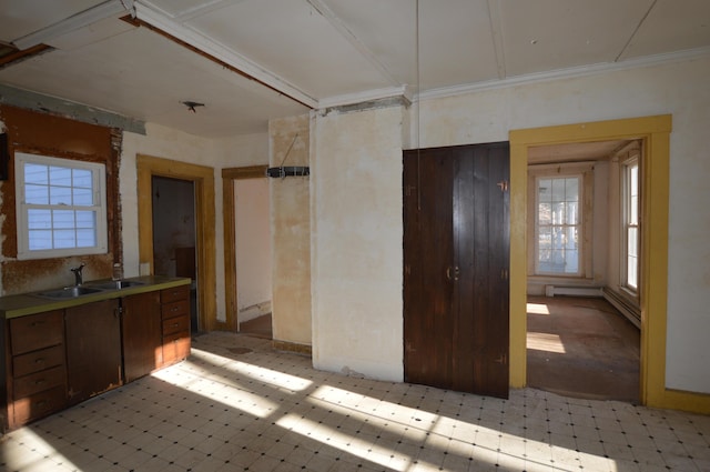 interior space featuring dark brown cabinets, baseboard heating, and sink