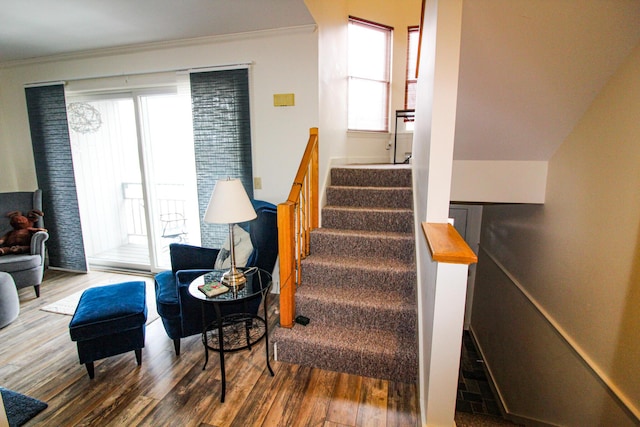 stairs featuring hardwood / wood-style floors, crown molding, and a wealth of natural light