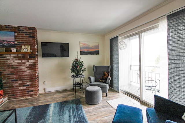 living area with ornamental molding and hardwood / wood-style flooring