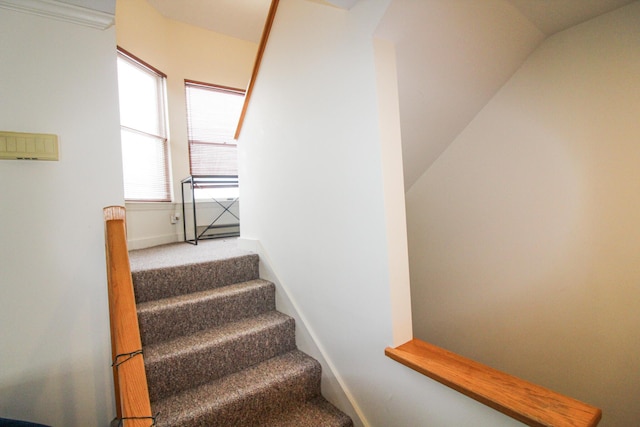 135 Vernon St Unit 4E, Bethel, ME 04217 - staircase featuring baseboards and carpet flooring