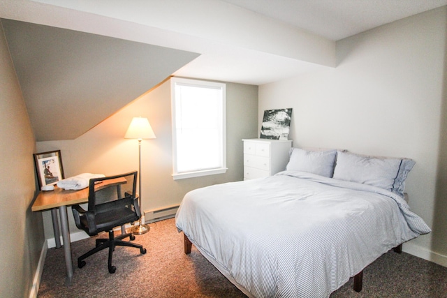 carpeted bedroom featuring a baseboard radiator