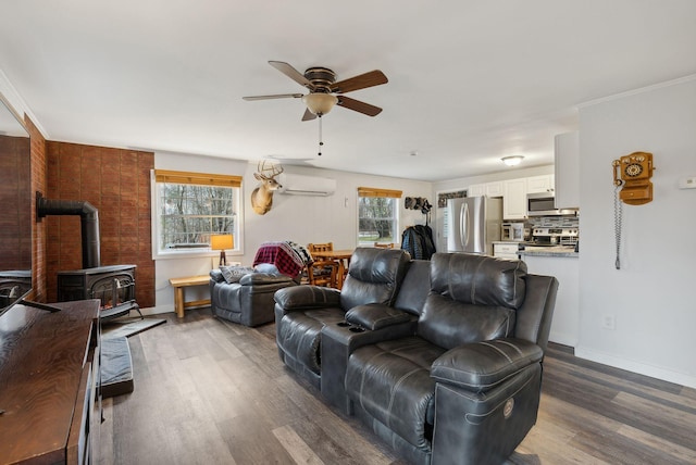 living room with a wood stove, a wealth of natural light, and dark wood-type flooring