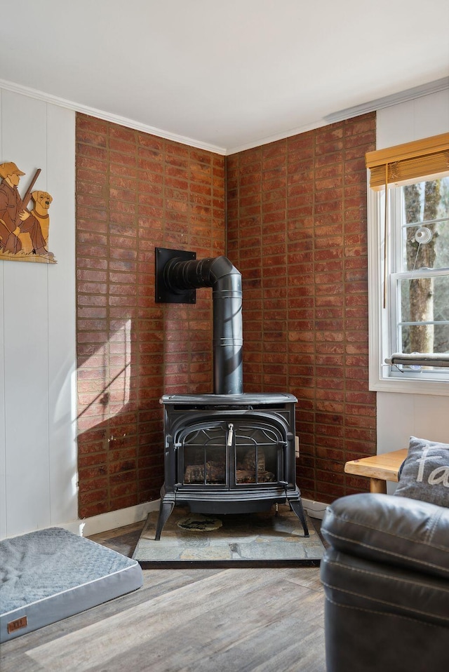 details with a wood stove, hardwood / wood-style flooring, and ornamental molding