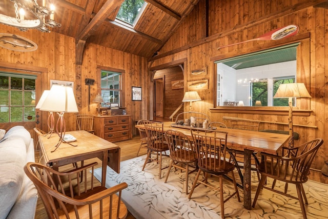 137 Birch Ln, Belgrade, ME 04917 - dining area featuring wood walls, wooden ceiling with exposed beams, healthy amount of natural light, wood finished floors, and high vaulted ceiling