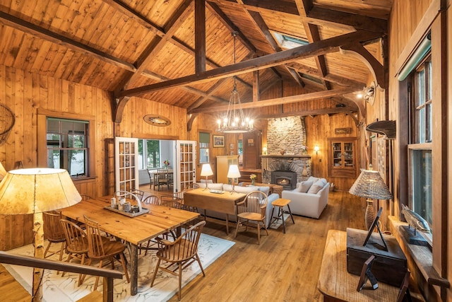 137 Birch Ln, Belgrade, ME 04917 - living room featuring wooden walls, light wood finished floors, wooden ceiling with exposed beams, a chandelier, and high vaulted ceiling