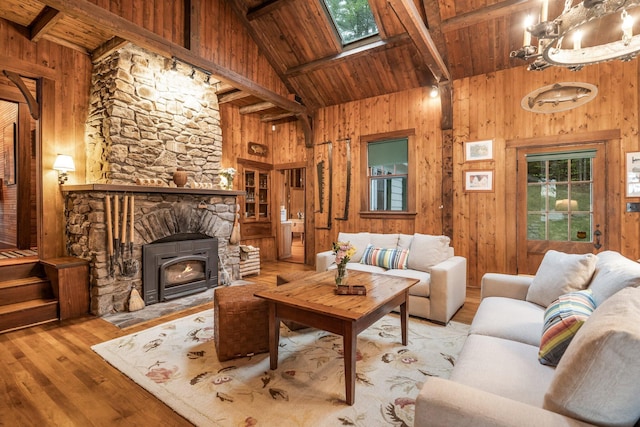 137 Birch Ln, Belgrade, ME 04917 - living room featuring wood ceiling with exposed beams, a skylight, wood walls, high vaulted ceiling, and hardwood / wood-style floors
