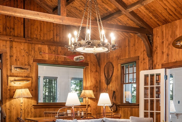 137 Birch Ln, Belgrade, ME 04917 - interior space featuring wood walls, wooden ceiling with exposed beams, and a chandelier