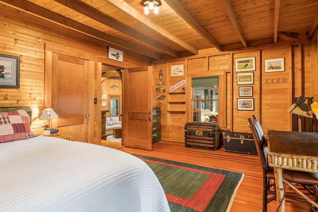 137 Birch Ln, Belgrade, ME 04917 - bedroom featuring wooden walls, wood finished floors, and wood ceiling with exposed beams