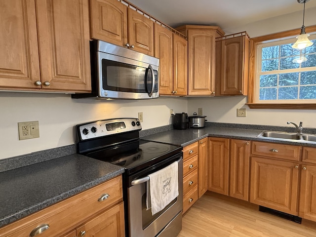 kitchen featuring sink, stainless steel appliances, hanging light fixtures, and light hardwood / wood-style flooring