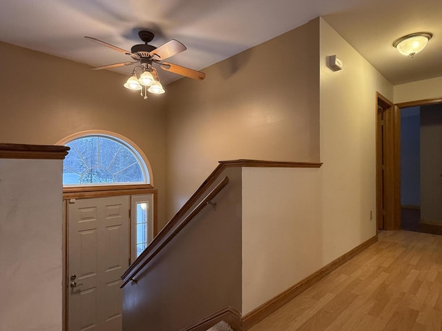 entrance foyer with ceiling fan and light hardwood / wood-style flooring