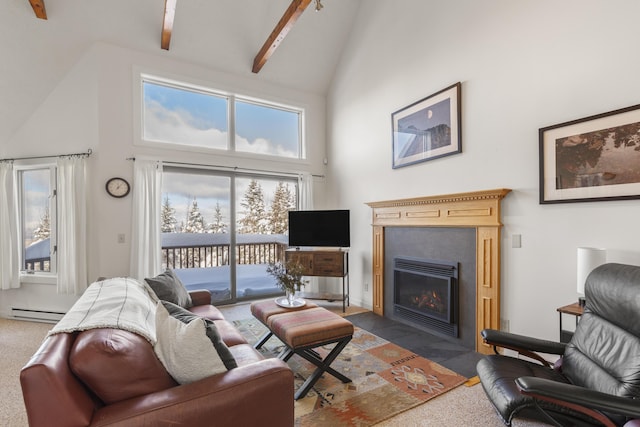 living room featuring carpet, beam ceiling, high vaulted ceiling, and a baseboard radiator