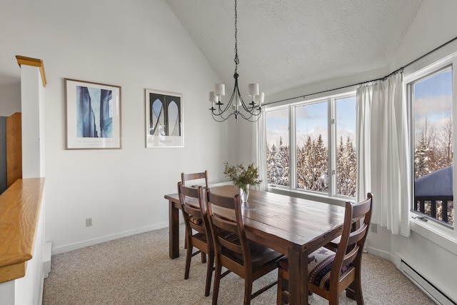 dining room featuring an inviting chandelier, baseboard heating, carpet floors, a textured ceiling, and vaulted ceiling