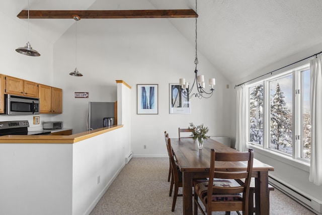 dining area with light carpet, high vaulted ceiling, a chandelier, and a baseboard heating unit