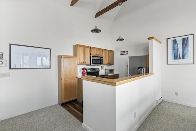 kitchen with dark colored carpet, high vaulted ceiling, stainless steel appliances, and hanging light fixtures